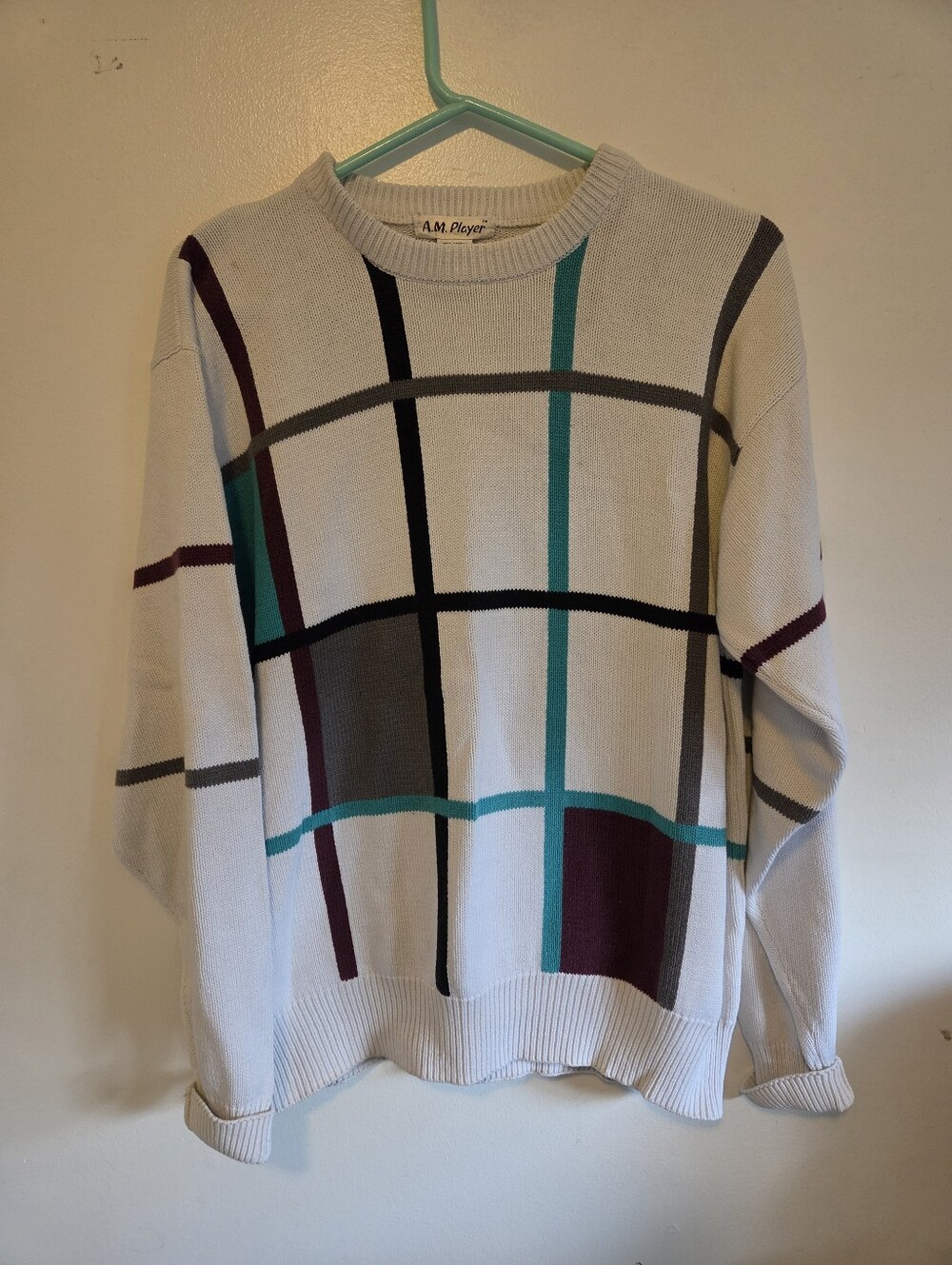 Vintage A.M. Player 100% Cotton Colorblock Grid Knit Sweater XL